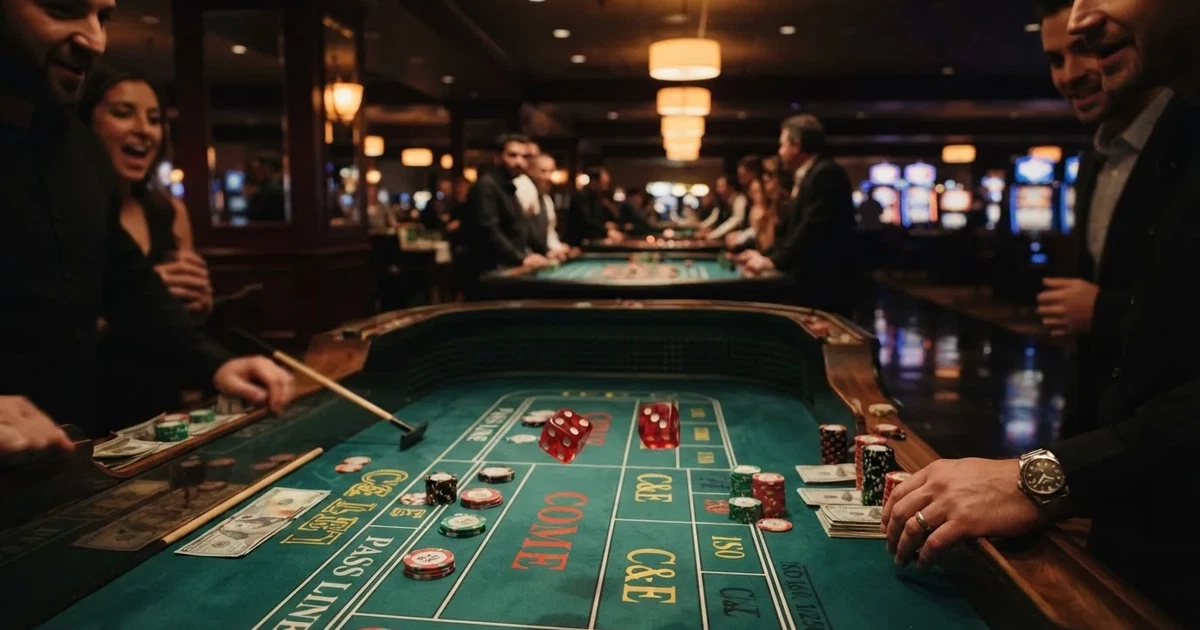 En rad spelskåp i en dunkel hall, rullarna lyser i olika färger och golvet speglar dem — casinon med craps i sverige