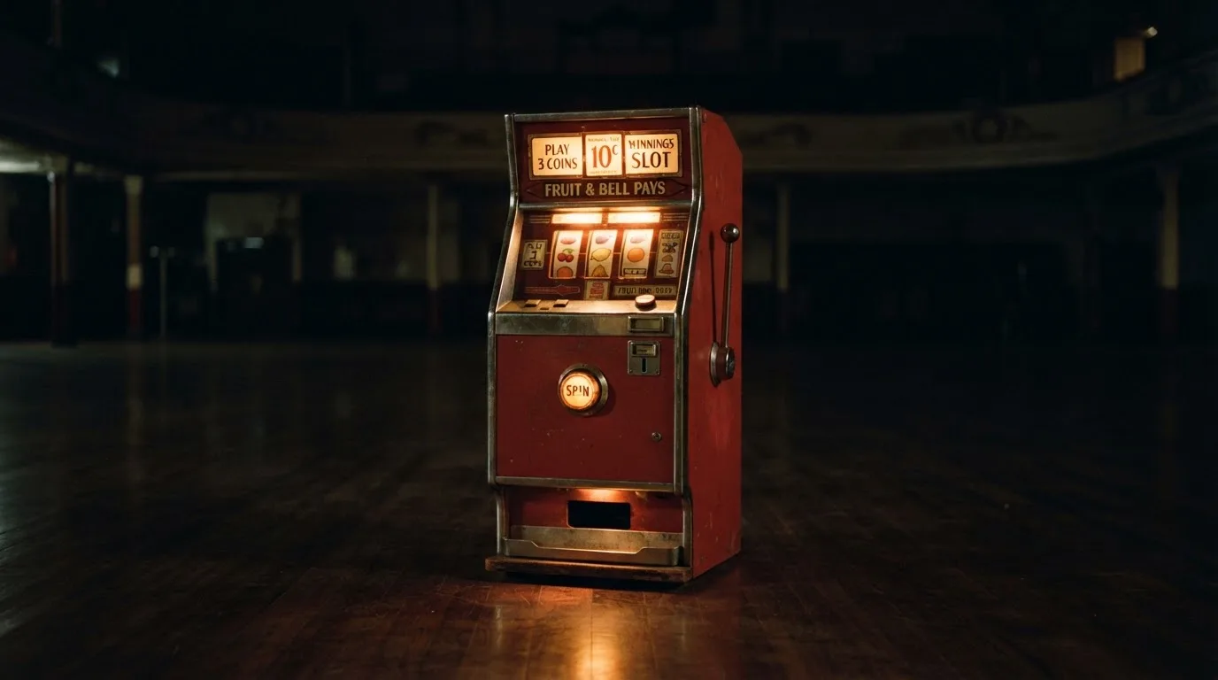 En gammal spelautomat lyser i den dunkla hallen och speglar sig i golvet — casinon med curaçao licens