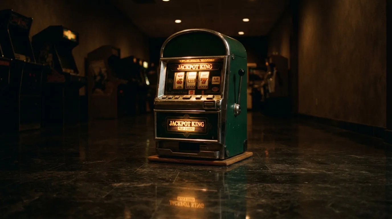 En gammal spelautomat lyser i den dunkla hallen och speglar sig i golvet — casinon med gratis spins i sverige