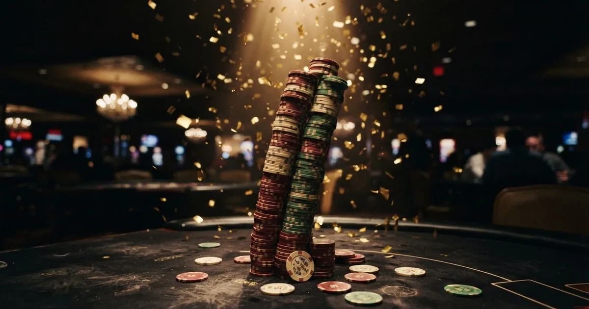 Guldkonfetti faller över spelmarker på ett svart bord, en ljuskägla träffar högens topp — casinon med gratis spins i sverige
