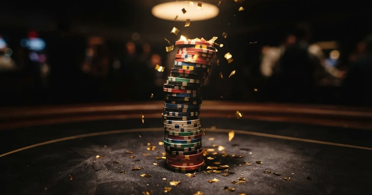 Guldkonfetti faller över spelmarker på ett svart bord, en ljuskägla träffar högens topp — casinon med gratissnurr