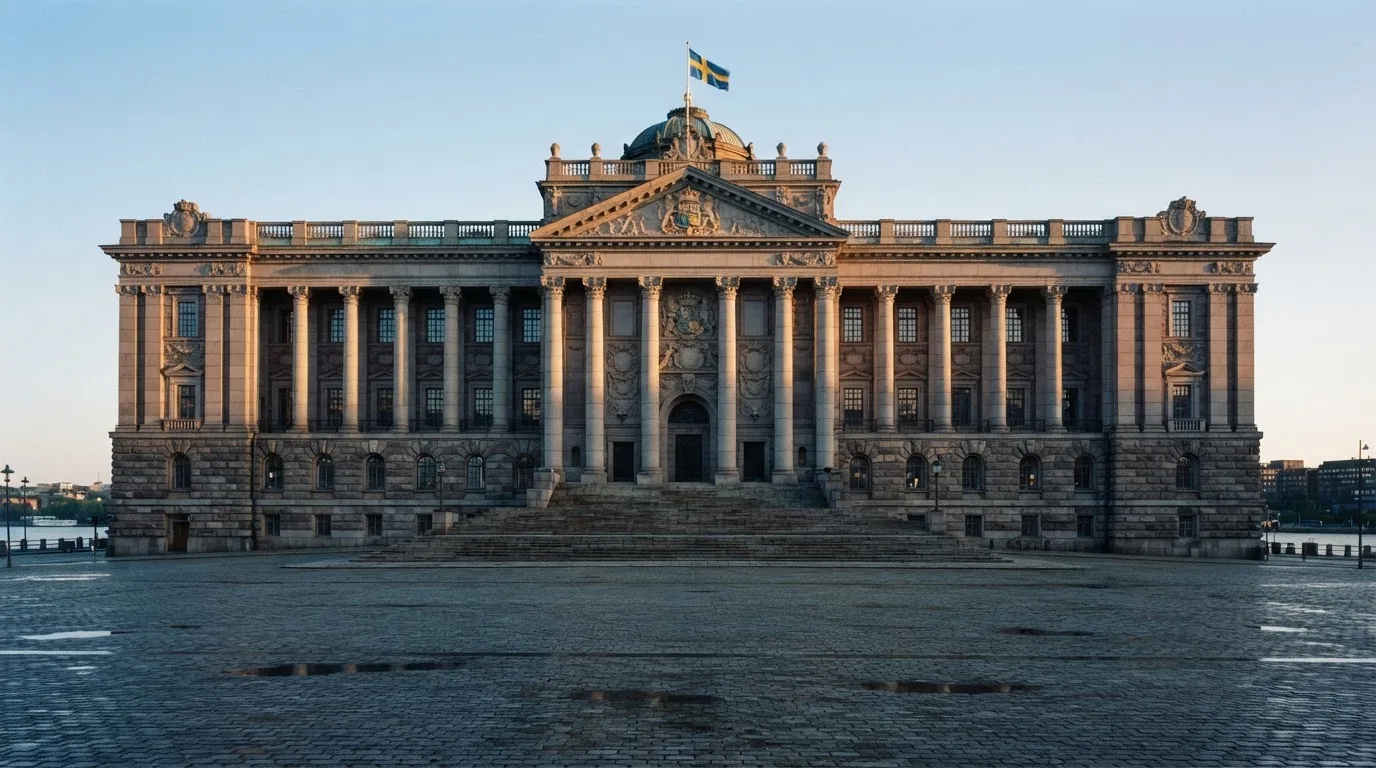 Stenfasad på en statlig byggnad i Stockholm vid gryning, höga pelare och ett tomt torg framför — casinon med gratissnurr