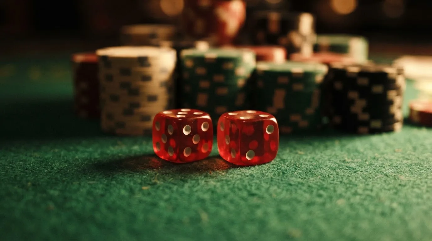 Röda tärningar vilar på grönt filt, bakom dem suddiga torn av spelmarker i kvällsdunklet — casinon med jackpot i sverige