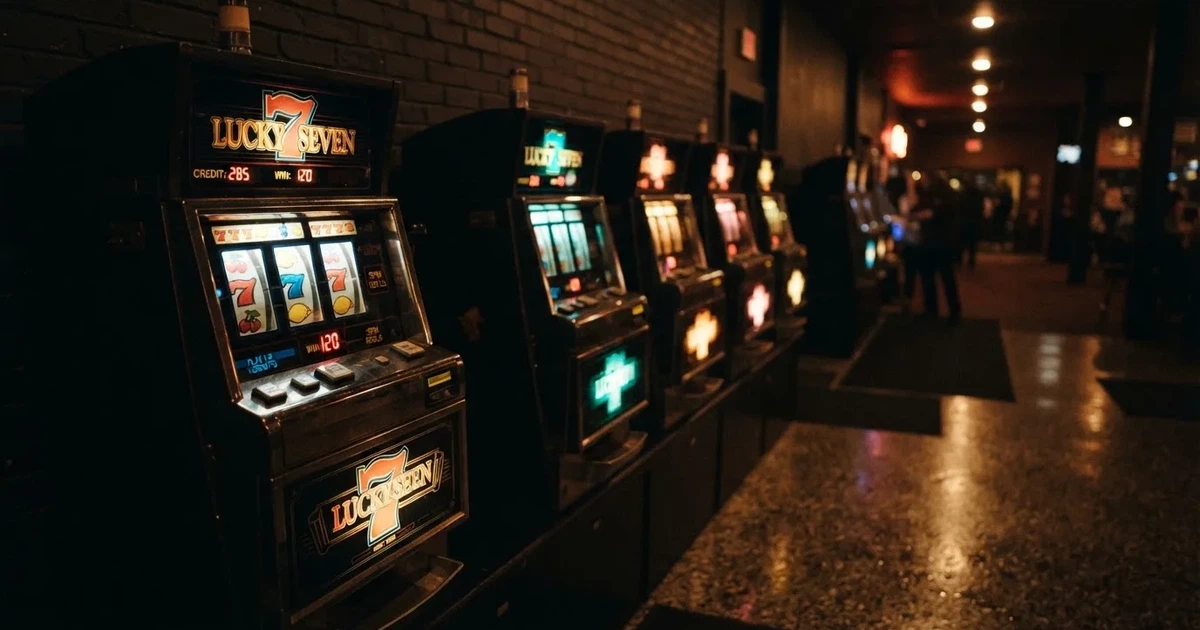 En rad spelskåp i en dunkel hall, rullarna lyser i olika färger och golvet speglar dem — casinon med jackpot i sverige