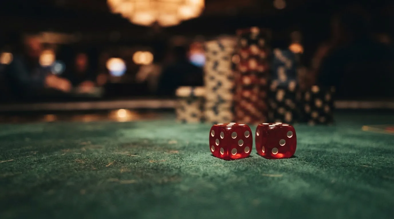 Röda tärningar vilar på grönt filt, bakom dem suddiga torn av spelmarker i kvällsdunklet — casinon med låg insättning