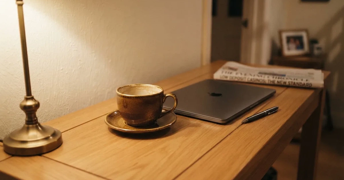 Kaffekopp och penna på ett smalt hallbord i skymning, en stängd bärbar dator vid sidan — casinon med låg insättning