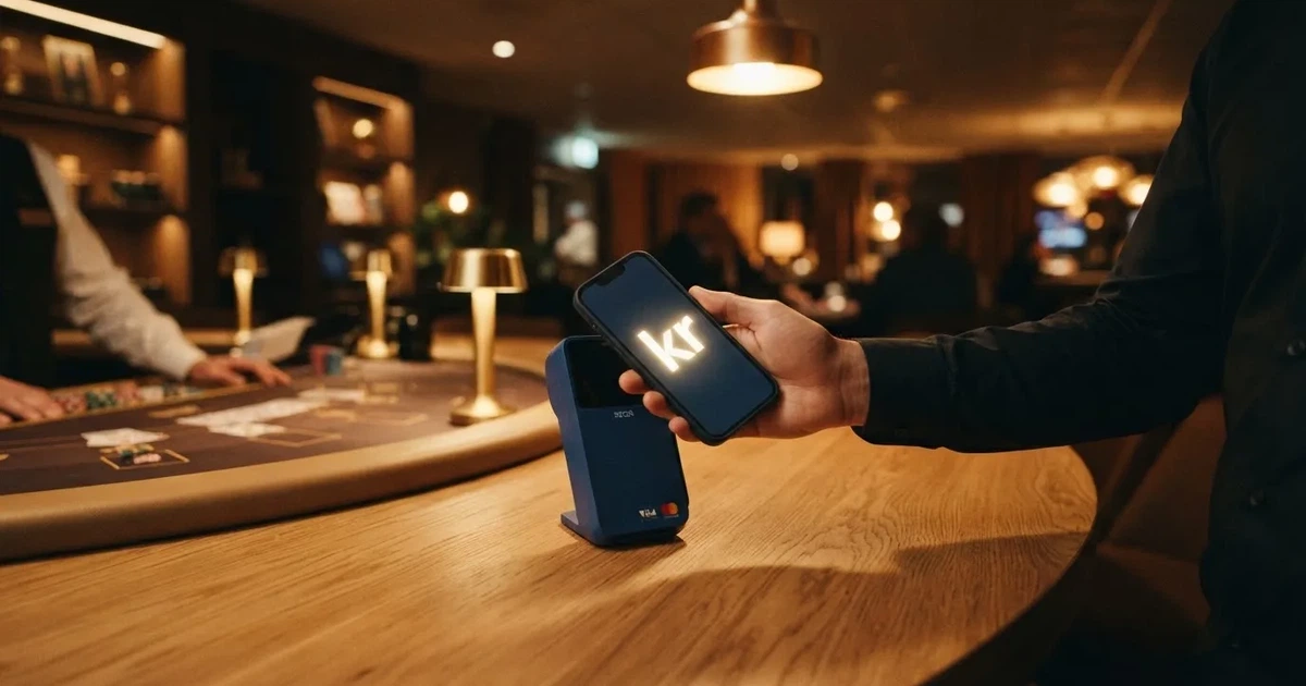 En hand håller ett betalkort nära en kortterminal för en kontaktlös betalning, fotograferat i närbild med varm belysning.