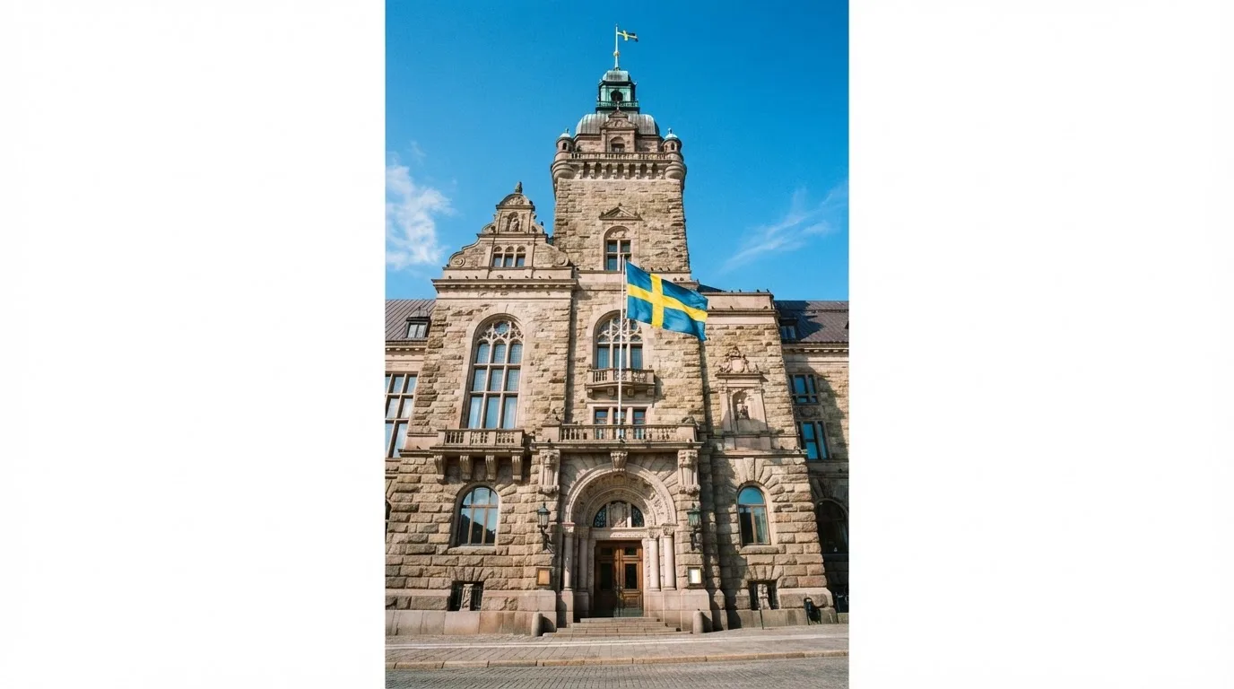 Ett gammalt stadshus i sten fotograferat underifrån mot en klarblå himmel, med den svenska flaggan som fladdrar ovanför entrén.