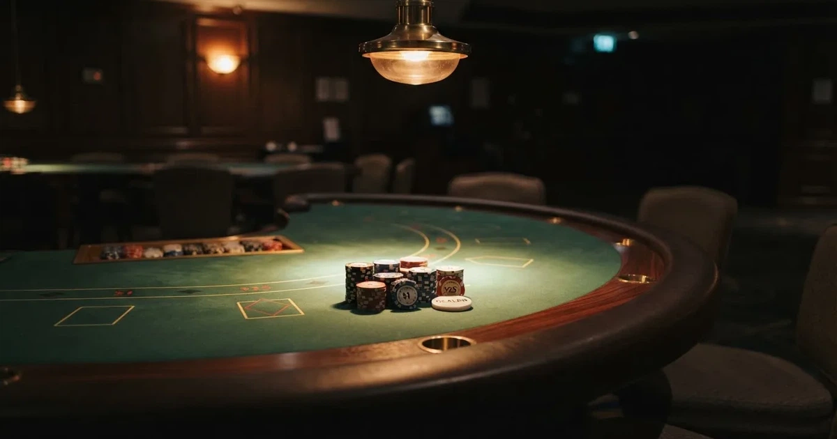 Ett ovalt pokerbord under en lågt hängande lampa, med spelmarker och en vit bricka i ljuset — casinon med roulette i sverige