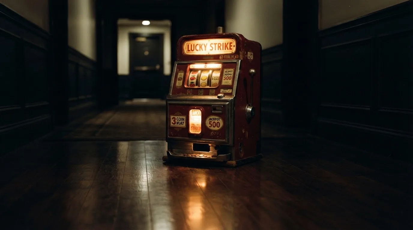 En gammal spelautomat lyser i den dunkla hallen och speglar sig i golvet — casinon med slots i sverige