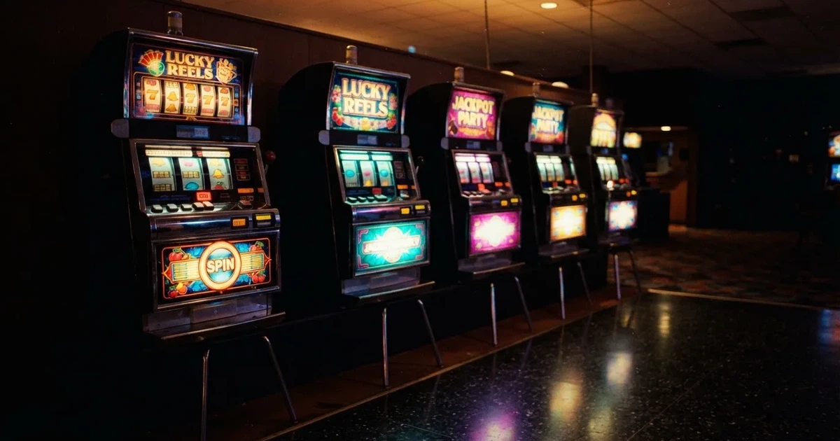 En rad spelskåp i en dunkel hall, rullarna lyser i olika färger och golvet speglar dem — casinon med slots i sverige