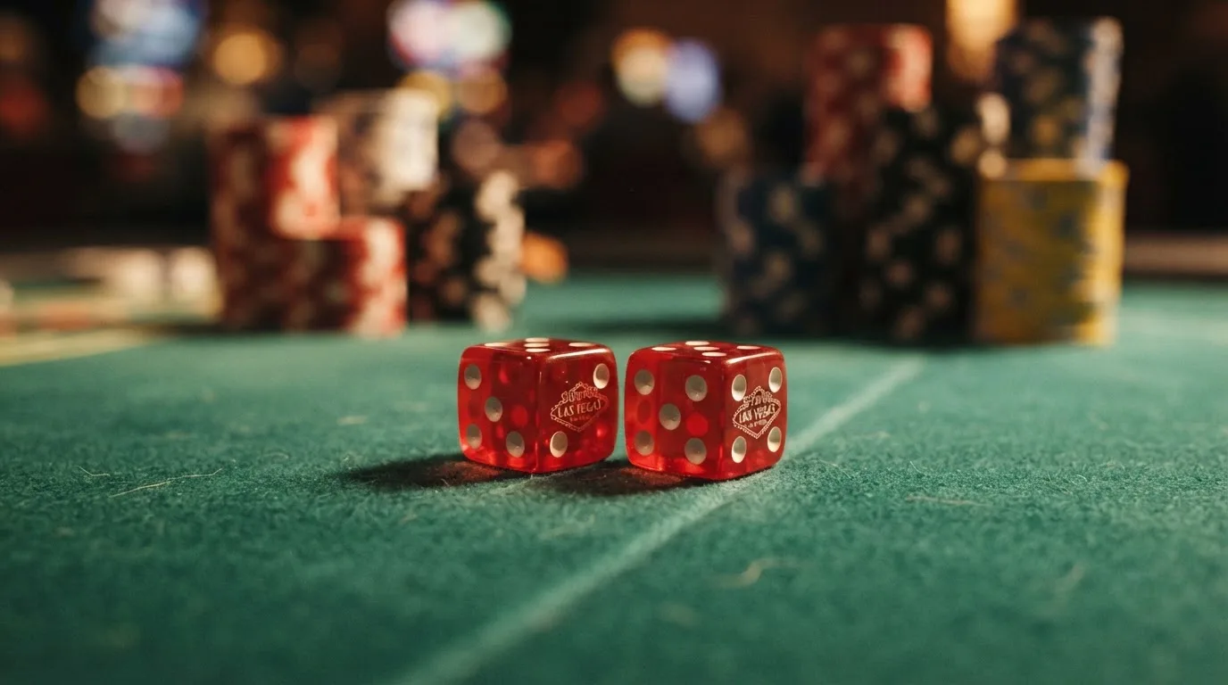 Röda tärningar vilar på grönt filt, bakom dem suddiga torn av spelmarker i kvällsdunklet — casinon med spelautomater i sverige