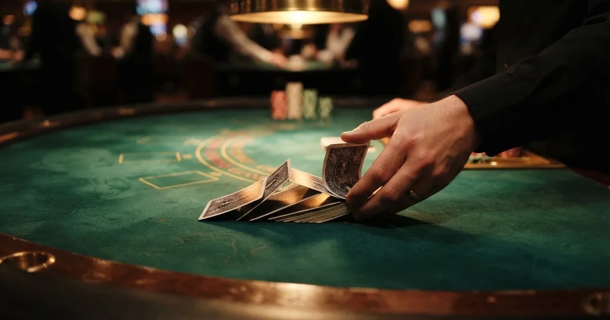 Croupierens händer blandar kort på grönt filt, taklampan speglas i den blanka kortbunten — casinon med spelautomater i sverige