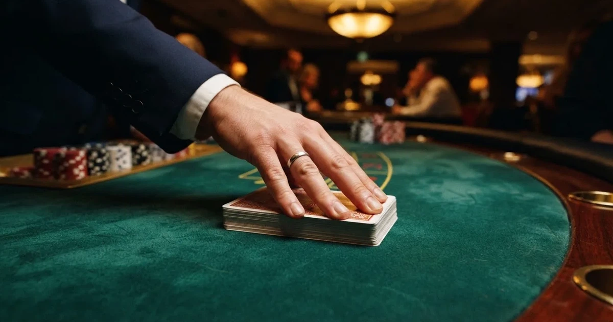 Croupierens händer blandar kort på grönt filt, taklampan speglas i den blanka kortbunten — casinon med störst vinstchans