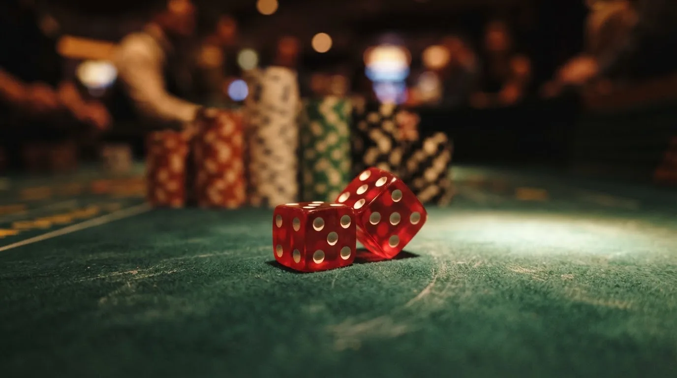 Röda tärningar vilar på grönt filt, bakom dem suddiga torn av spelmarker i kvällsdunklet — casinon med uttag i sverige