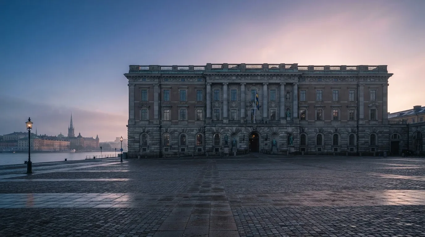 Stenfasad på en statlig byggnad i Stockholm vid gryning, höga pelare och ett tomt torg framför — casinon med uttag i sverige