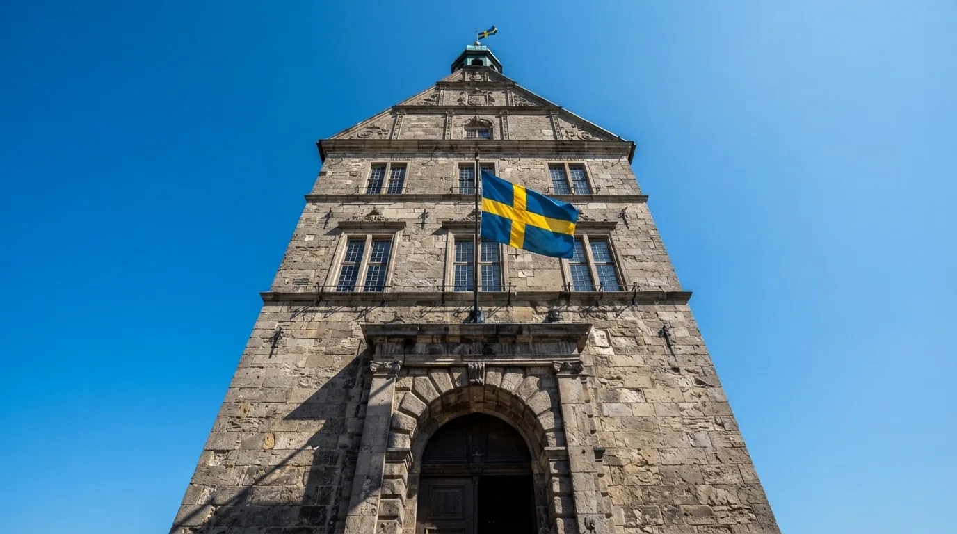 Ett gammalt stadshus i sten fotograferat underifrån mot en klarblå himmel, med den svenska flaggan som fladdrar ovanför entrén.