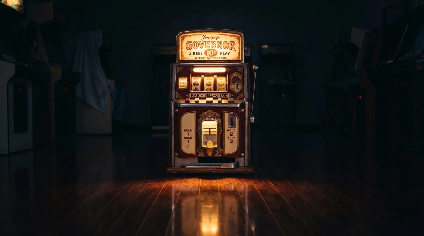 En gammal spelautomat lyser i den dunkla hallen och speglar sig i golvet — casinon med välkomsterbjudande