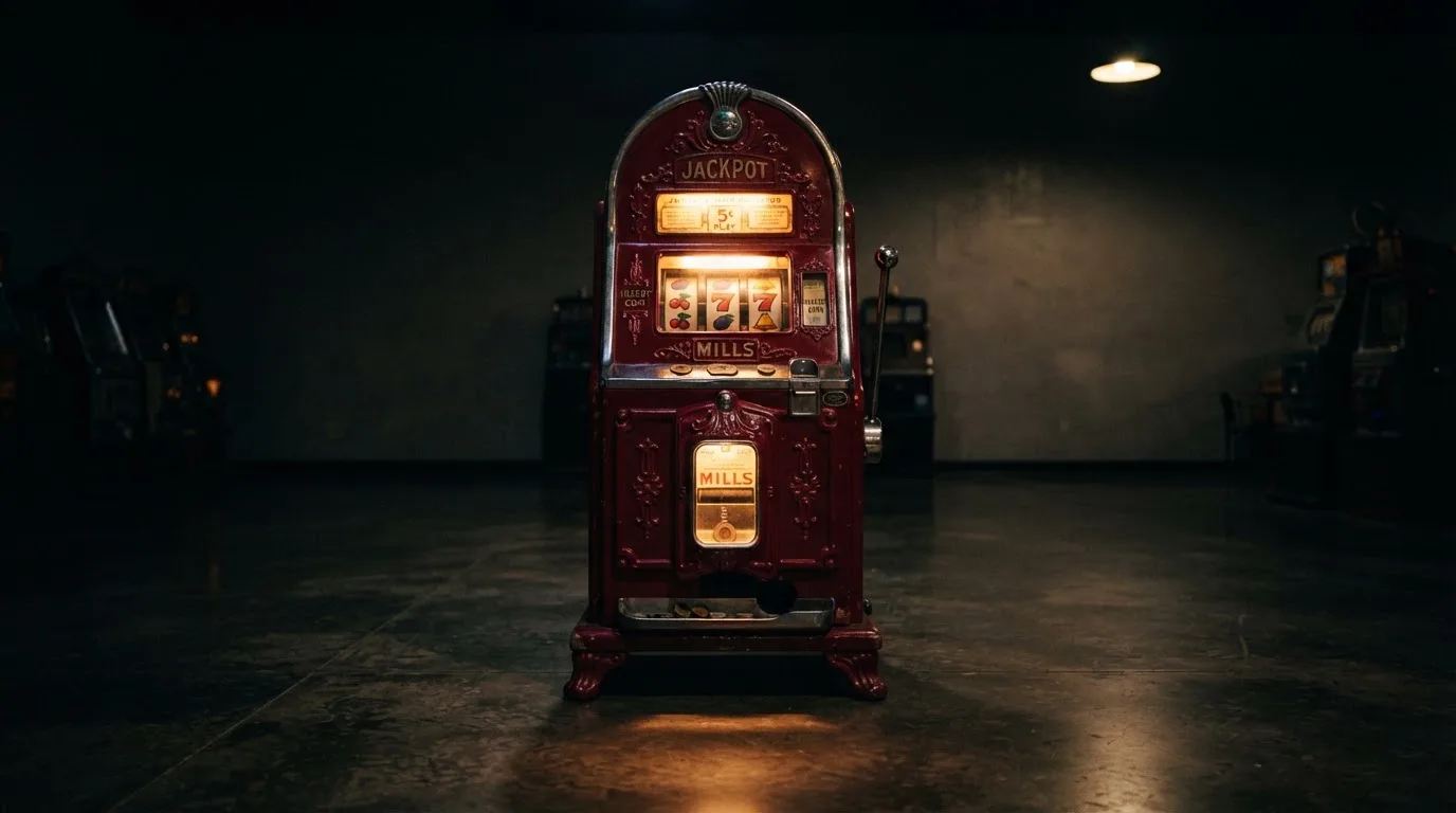 En gammal spelautomat lyser i den dunkla hallen och speglar sig i golvet — casinon utan omsättningskrav
