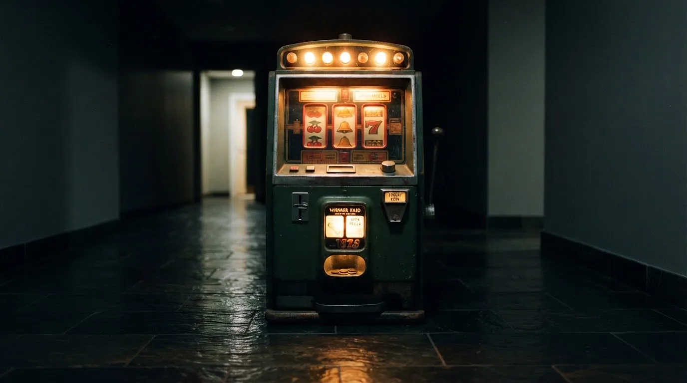 En gammal spelautomat lyser i den dunkla hallen och speglar sig i golvet — casinon utan spelgräns i sverige