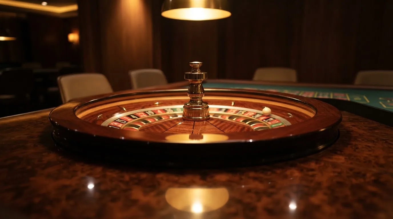 Ett roulettehjul snurrar på ett blankt träbord, den vita kulan glimmar i takljusets guld — casinon utomlands för svenskar