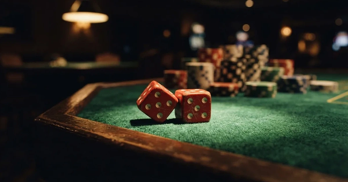 Röda tärningar vilar på grönt filt, bakom dem suddiga torn av spelmarker i kvällsdunklet — casinospel i sverige