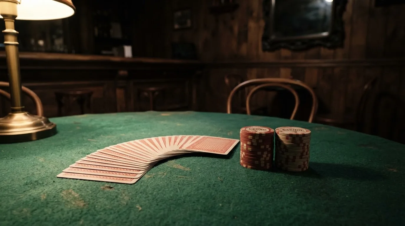Kortlek och staplar av spelmarker på ett grönt filtbord i en dunkel salong, varmt lampsken — casinostugan för svenskar
