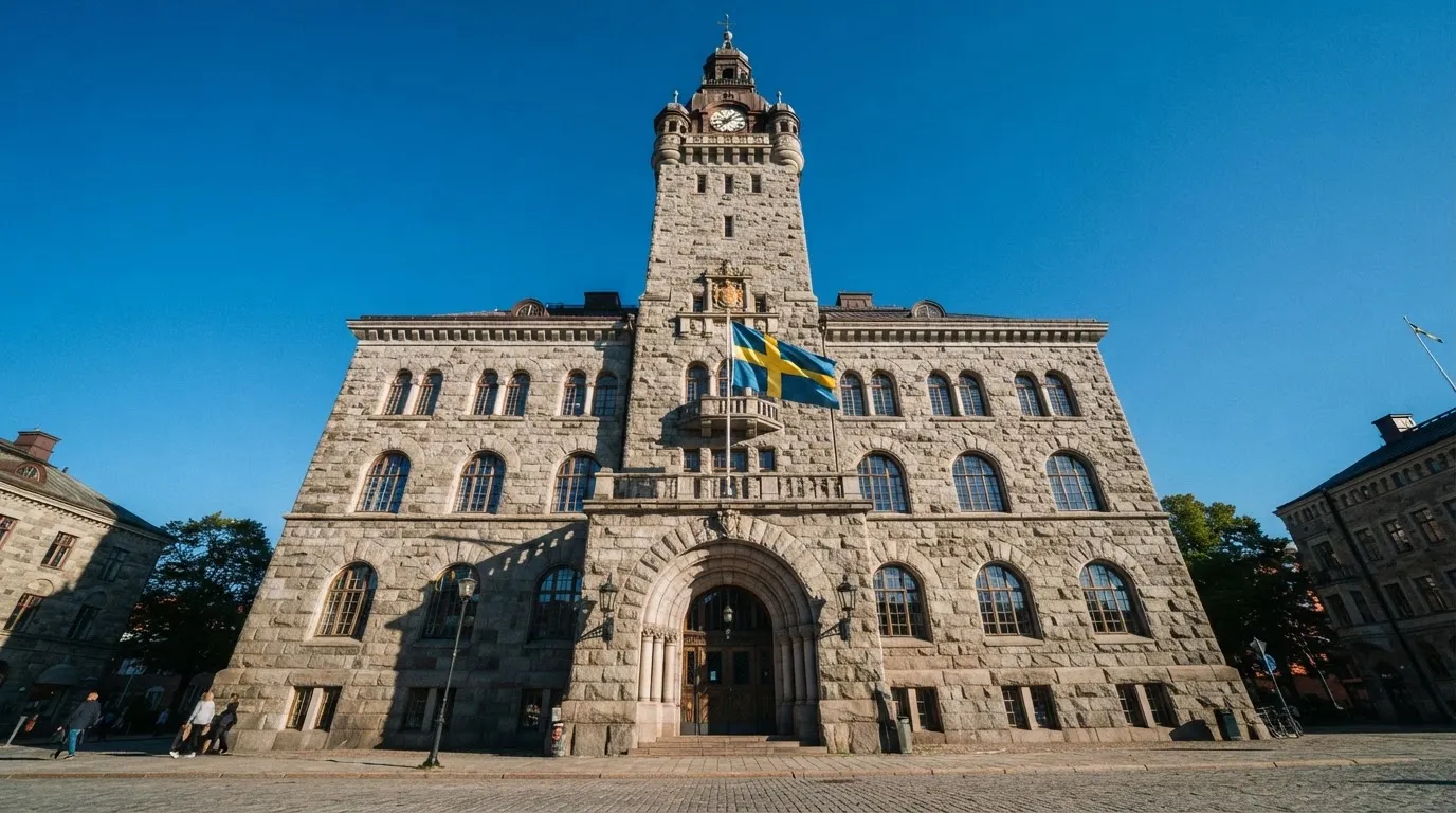 Ett gammalt stadshus i sten fotograferat underifrån mot en klarblå himmel, med den svenska flaggan som fladdrar ovanför entrén.
