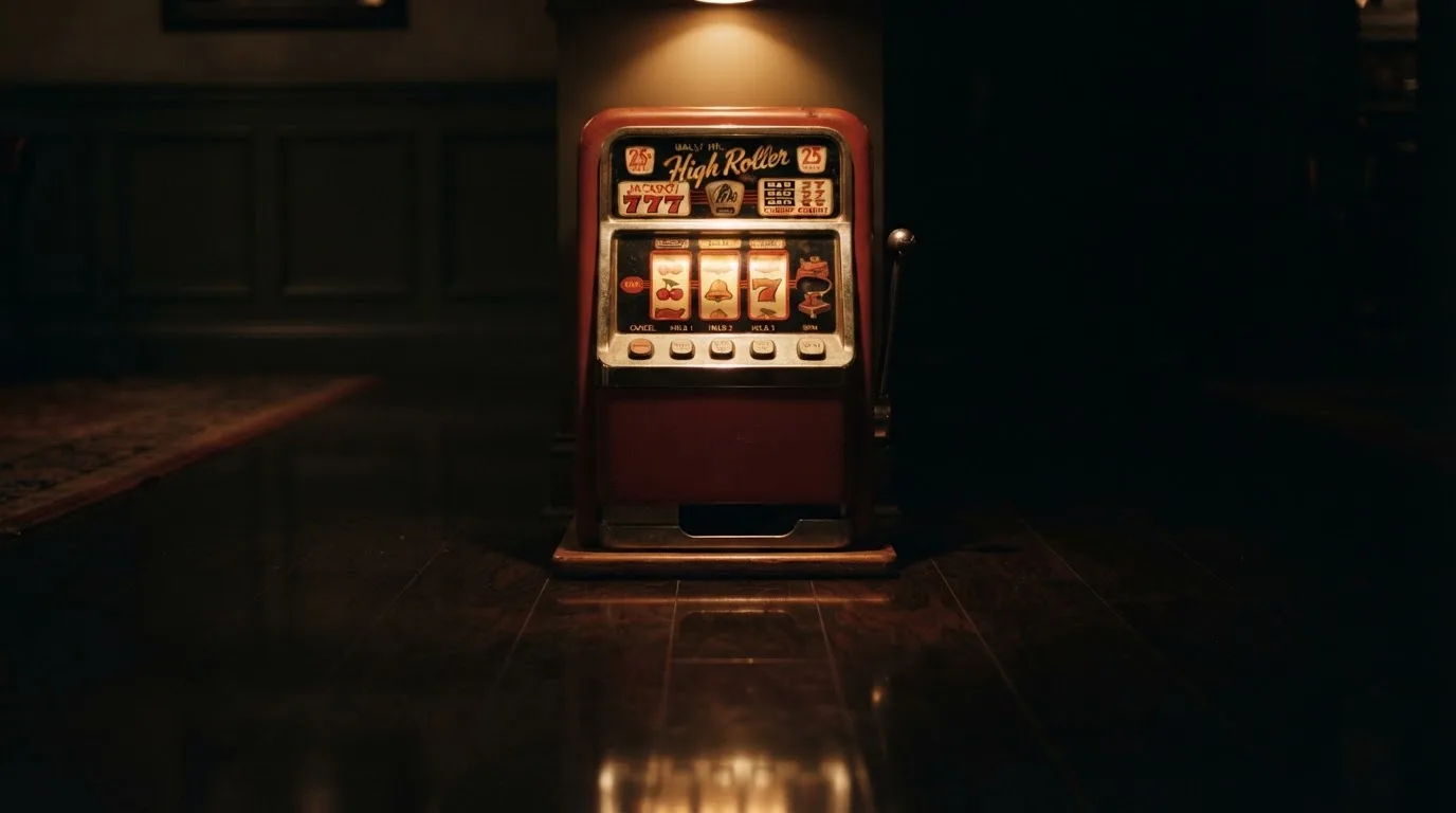 En gammal spelautomat lyser i den dunkla hallen och speglar sig i golvet — hur fungerar casino på nätet