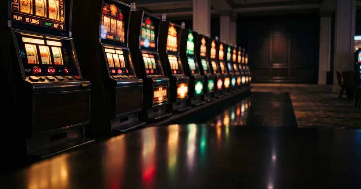 En rad spelskåp i en dunkel hall, rullarna lyser i olika färger och golvet speglar dem — hur fungerar casino på nätet