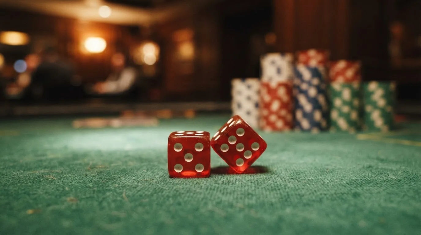 Röda tärningar vilar på grönt filt, bakom dem suddiga torn av spelmarker i kvällsdunklet — hur man vinner på casino