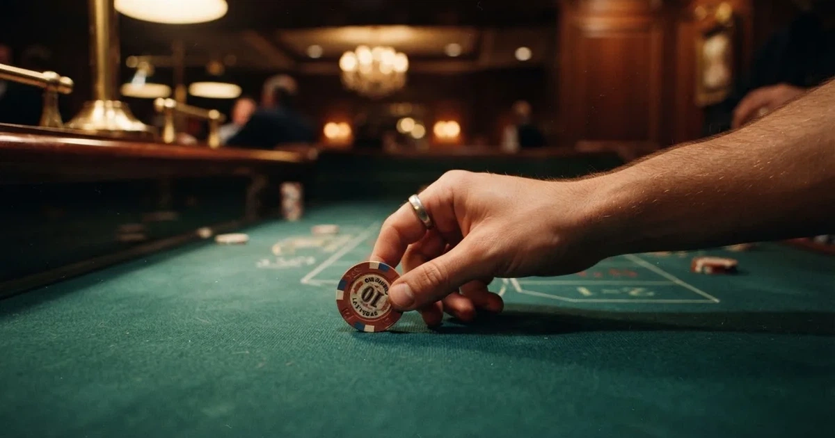En hand skjuter en spelmark över filten, ljuset träffar fingrarna och markernas kanter glänser — hur man vinner på casino