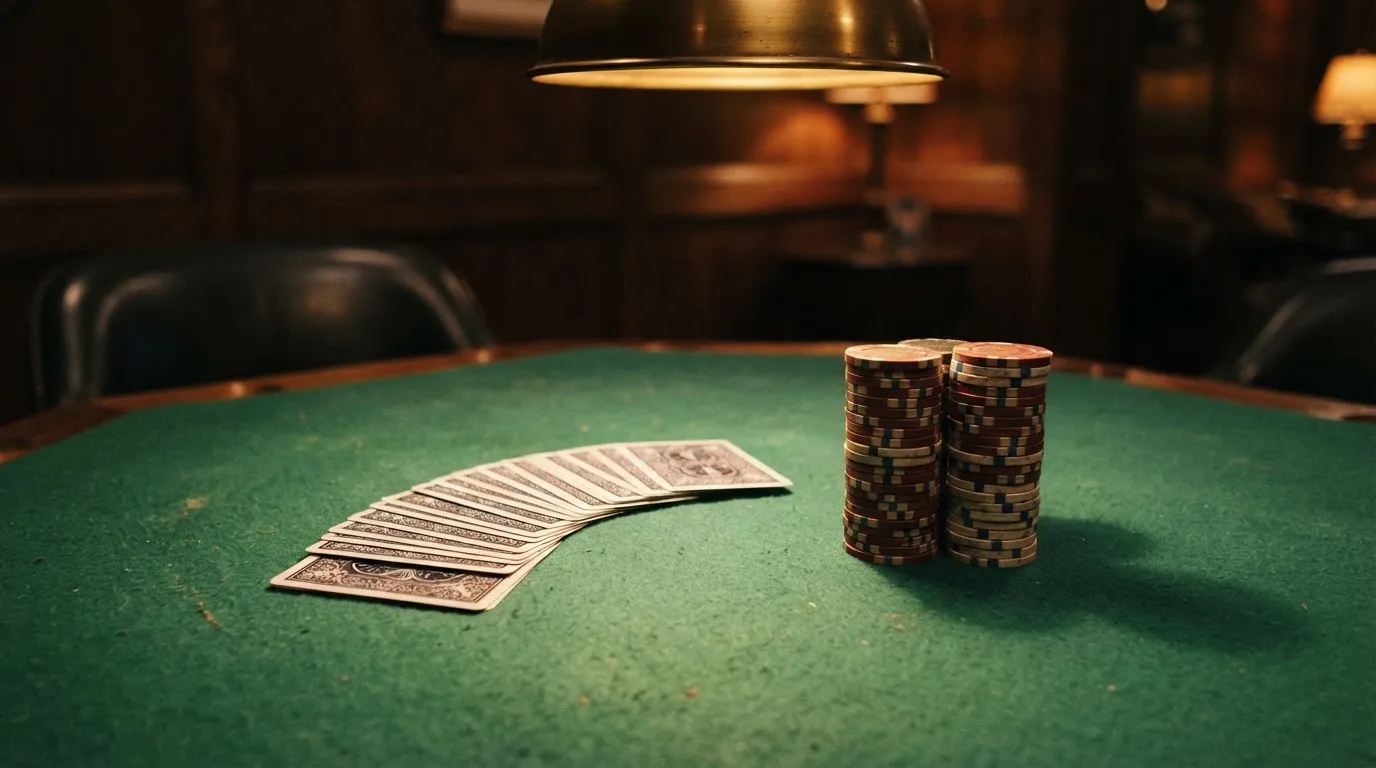 Kortlek och staplar av spelmarker på ett grönt filtbord i en dunkel salong, varmt lampsken — jämförelse av casinon i sverige