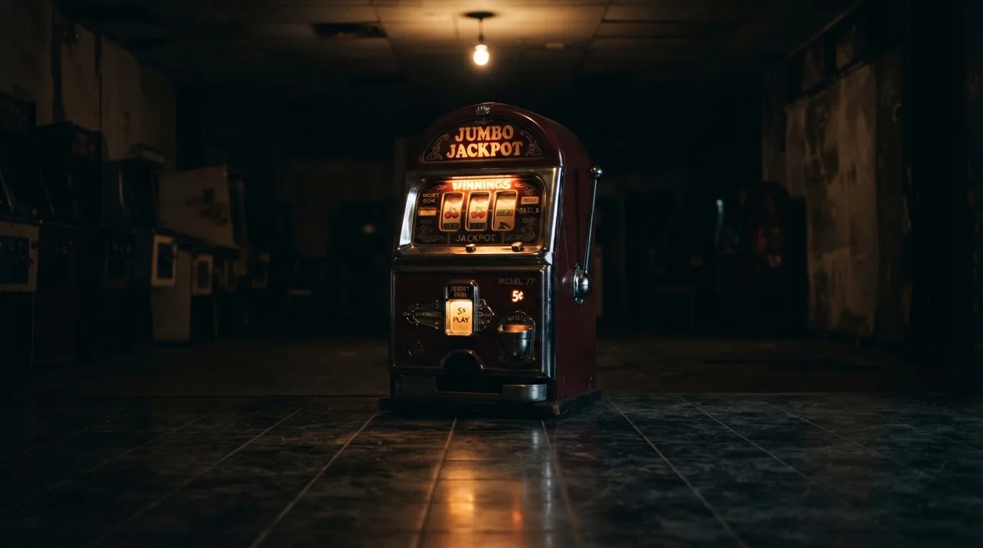 En gammal spelautomat lyser i den dunkla hallen och speglar sig i golvet — kampanjer på casinon i sverige