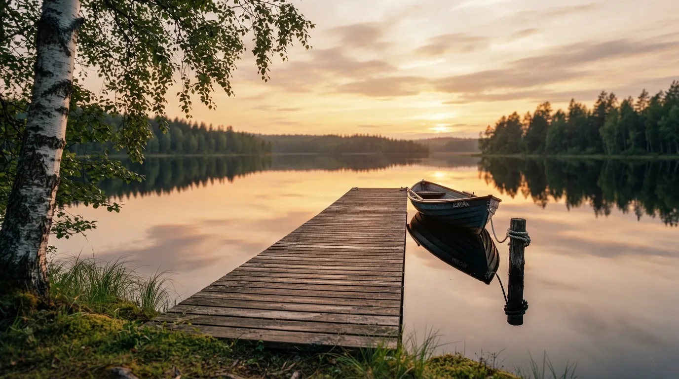 En brygga vid en stilla sjö i solnedgång, roddbåten förtöjd och molnen speglas i vattnet — kasinospel i sverige