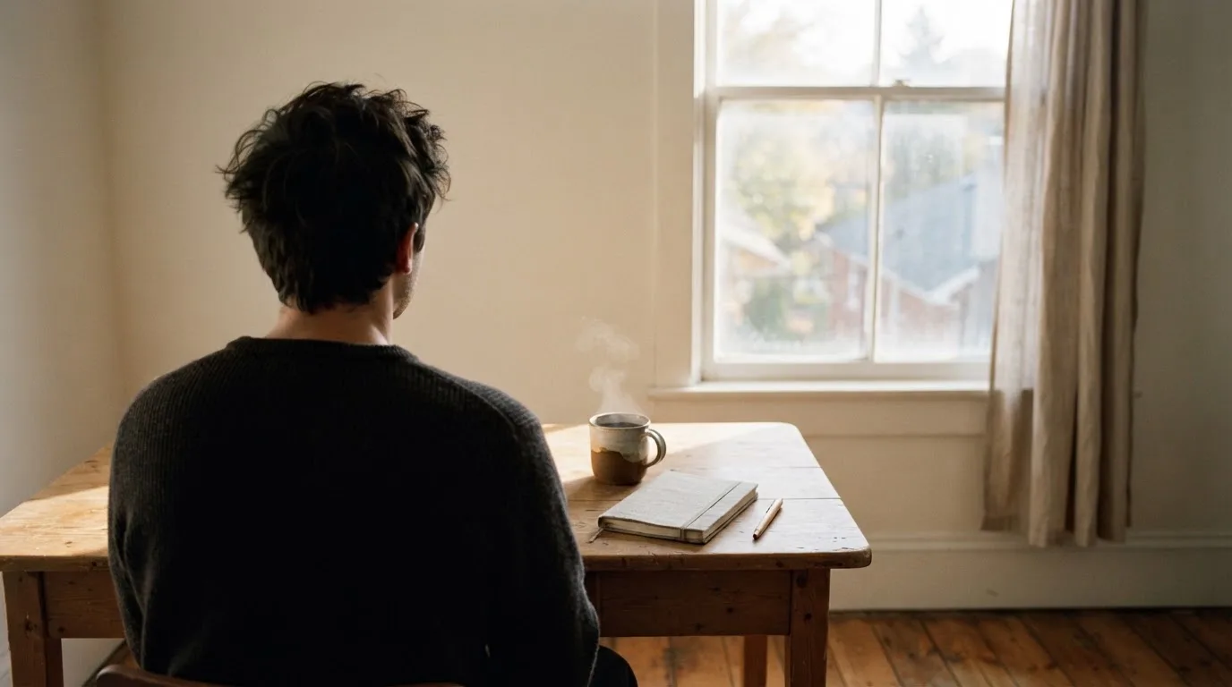 En person sitter vid ett skrivbord hemma med en kopp kaffe och tittar ut genom fönstret i mjukt morgonljus.