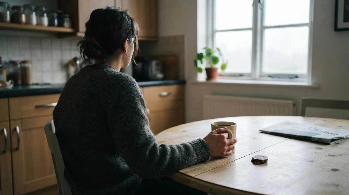 En person sitter ensam vid ett köksbord med händerna runt en varm kopp och blicken riktad mot fönstret.