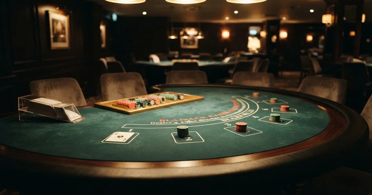 Ett halvmåneformat kortbord i en tyst sal, spelmarker framför varje plats och mjukt takljus — live blackjack i sverige