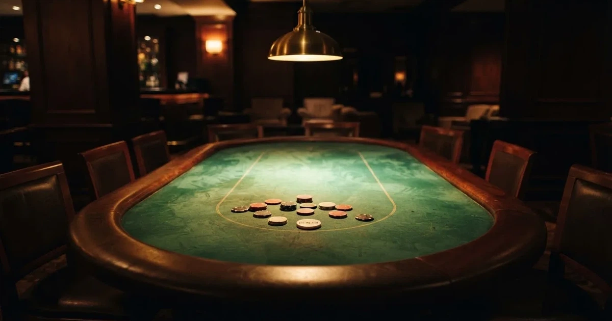 Ett ovalt pokerbord under en lågt hängande lampa, med spelmarker och en vit bricka i ljuset — live kasino i sverige
