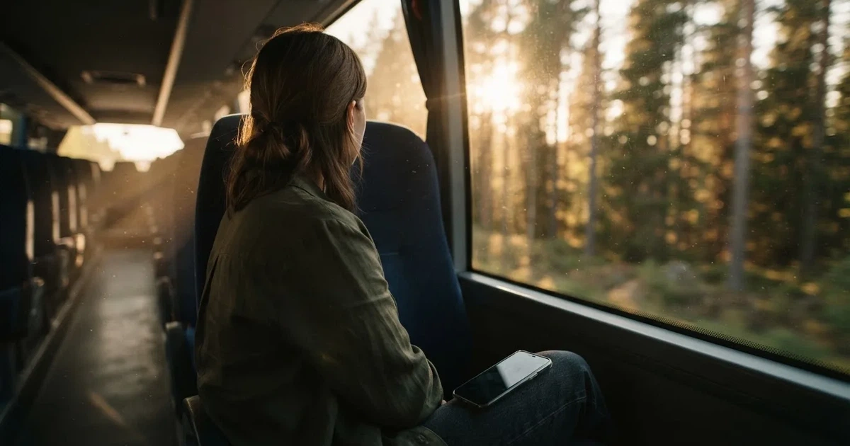 En passagerare vid bussfönstret med en stängd mobil i knät, granar flimrar förbi i solnedgång — mobil kasino i sverige