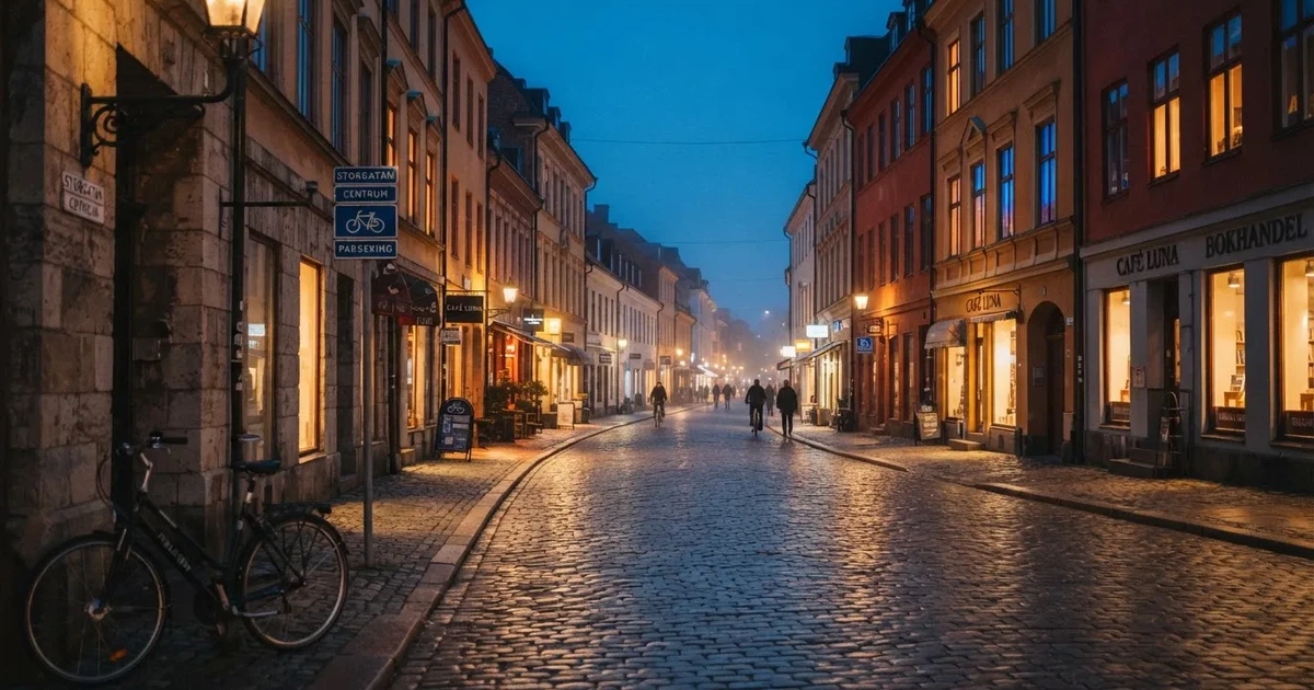 En stadsgata fotograferad i skymning med suddiga ljus från fönster i byggnader längs båda sidor.