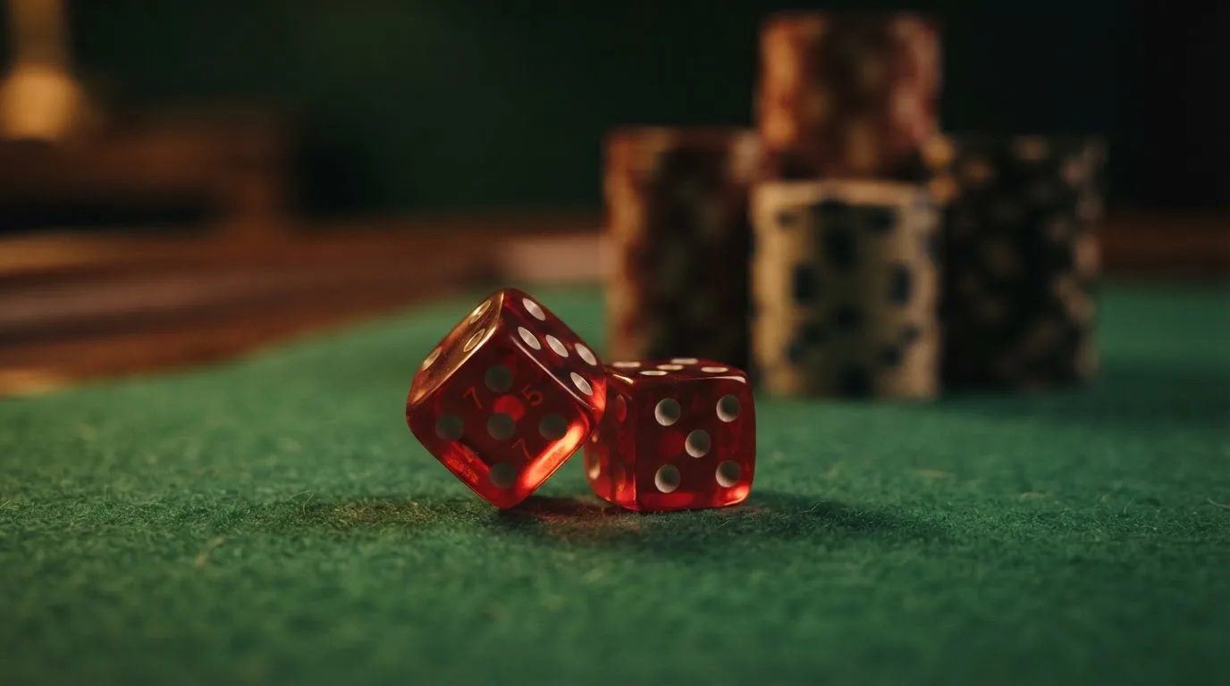 Röda tärningar vilar på grönt filt, bakom dem suddiga torn av spelmarker i kvällsdunklet — nytt casinon i sverige