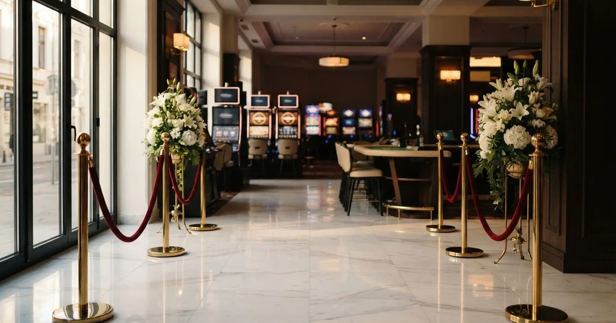 En nyöppnad spelsal med blankt marmorgolv, mässingsräcken och färska blommor i morgonljus — nytt casinon i sverige