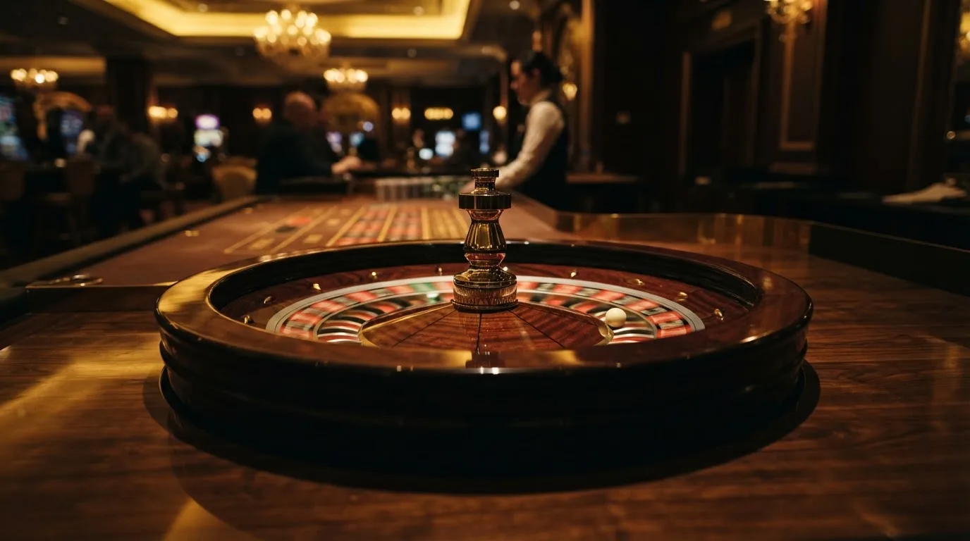 Ett roulettehjul snurrar på ett blankt träbord, den vita kulan glimmar i takljusets guld — online blackjack i sverige