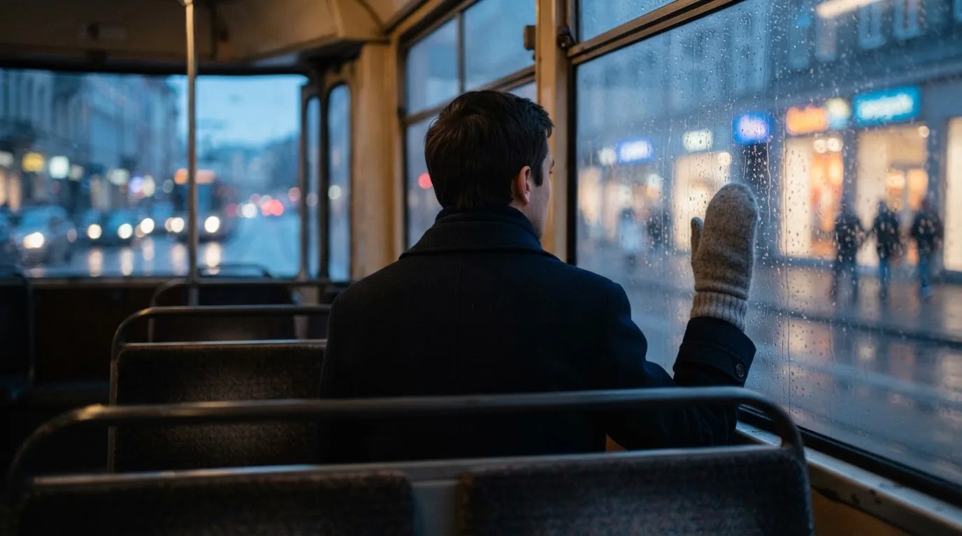 Regndroppar på en spårvagnsruta, bakom glaset en blånande gata, en mjuk yllevante i handen — online kasino i sverige