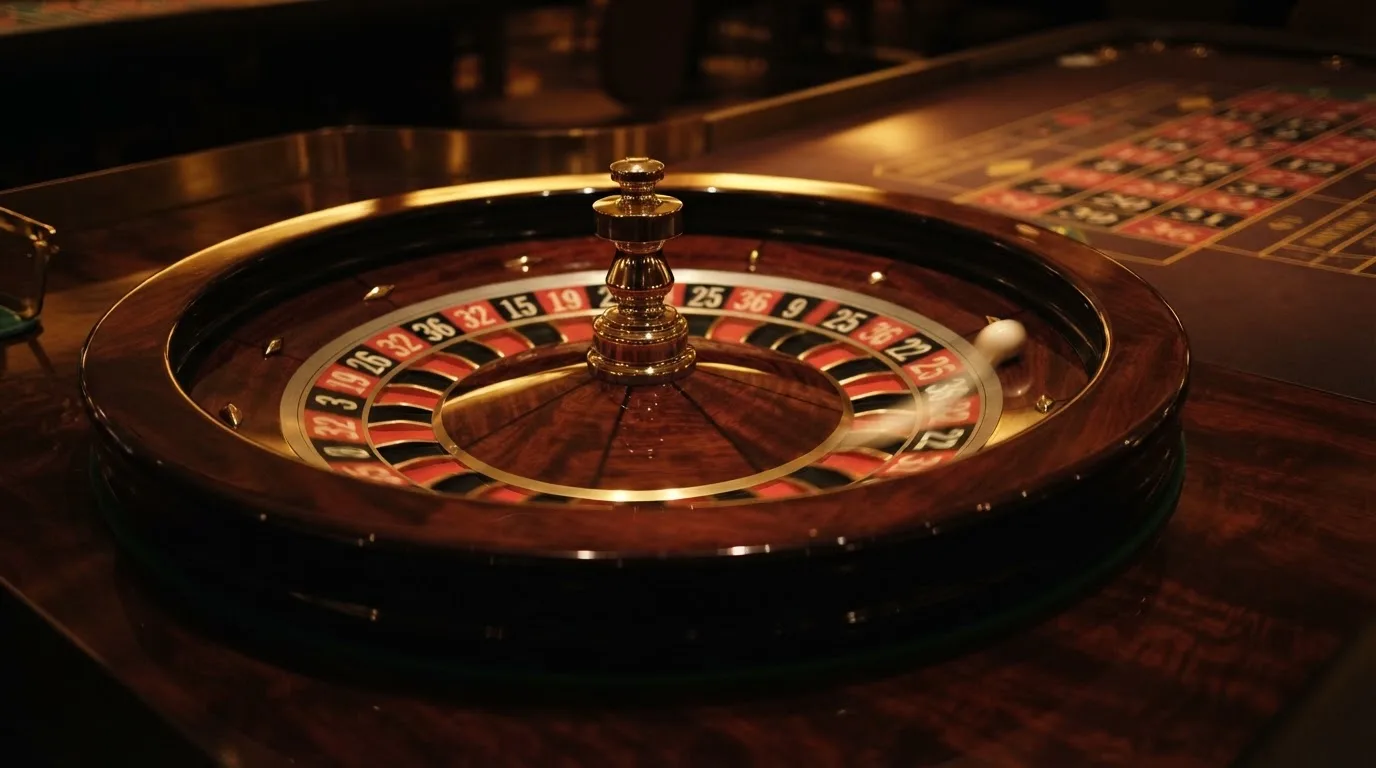Ett roulettehjul snurrar på ett blankt träbord, den vita kulan glimmar i takljusets guld — online spelautomater i sverige