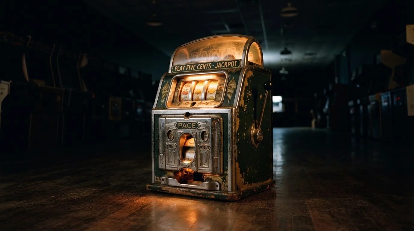En gammal spelautomat lyser i den dunkla hallen och speglar sig i golvet — populära casinon i sverige