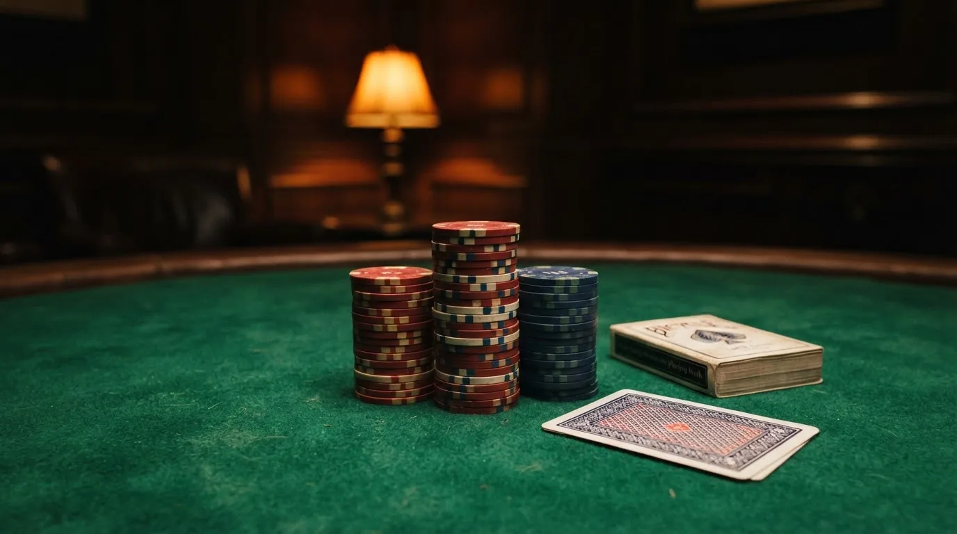 Kortlek och staplar av spelmarker på ett grönt filtbord i en dunkel salong, varmt lampsken — roulette gratis i sverige