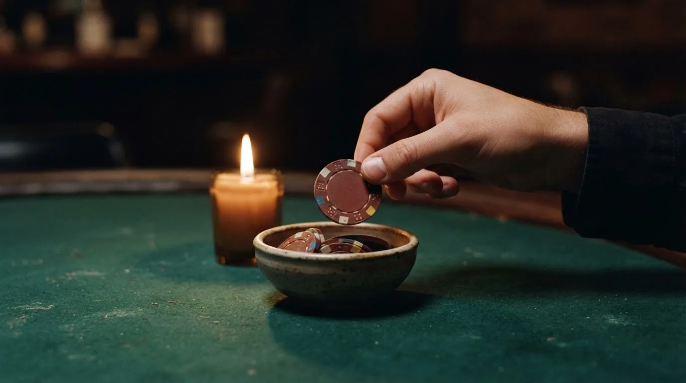 En hand lyfter en spelmark ur en skål, ljuslågan färgar bordet gyllenbrunt — roulette med bonus i sverige