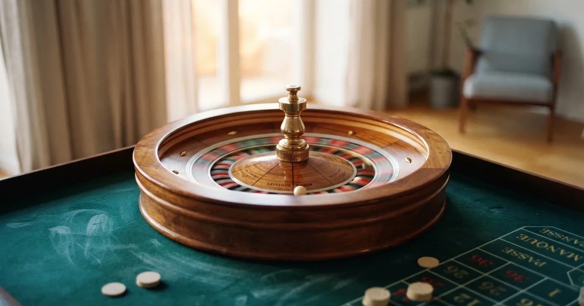 Ett lyckohjul med träpil snurrar i ett ljust rum, de färgglada fälten suddiga av farten — roulette med bonus i sverige